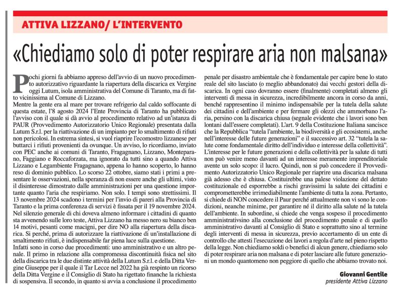 Articolo del Taranto Buonasera del 29.10.2024